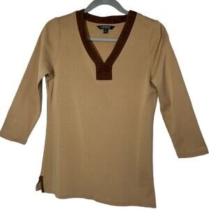 Lauren Ralph Lauren Tan Brown Suede Trim V Neck Long Sleeve top Size Med